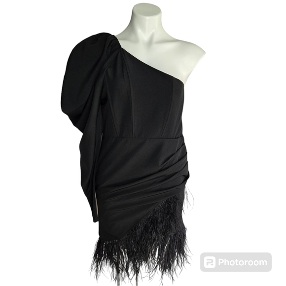 KLESIS BLACK ONE SHOULDER FEATHER MINI DRESS - Picture 5 of 14